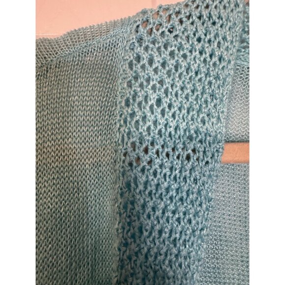 Chicos 3 Open Knit Cardigan Sweater Turquoise Blue Linen Shawl Collar Open Front - Picture 8 of 9